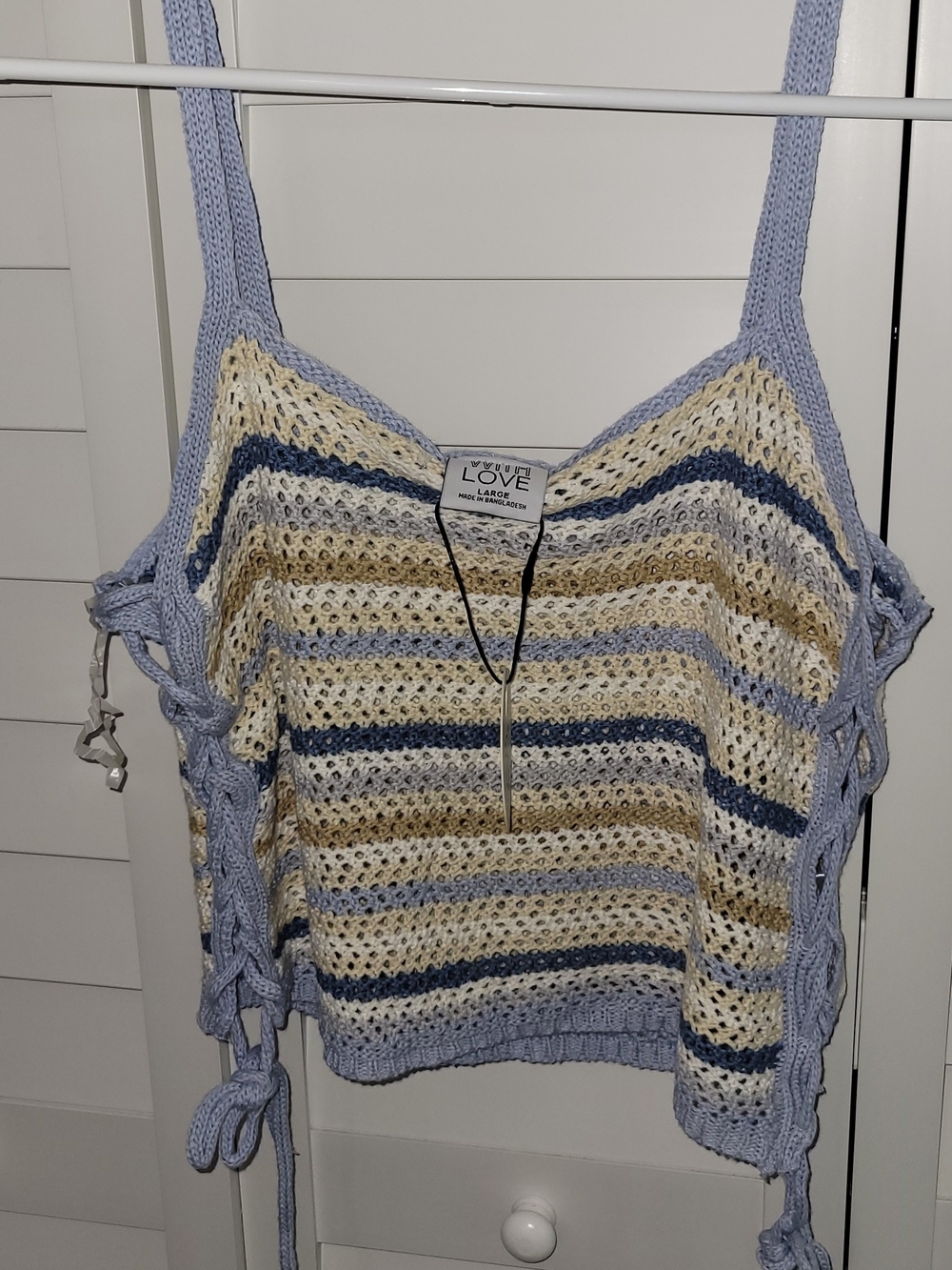 Love Knit Crochet Stripe Tank Top in Cream, Blue & Navy
